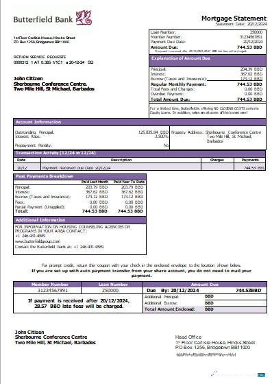 Download Barbados Butterfield bank mortgage statement scr Photoshop template